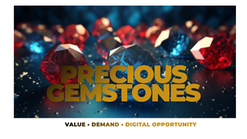 Luxury precious gemstones banner featuring diamond, ruby, emerald, and sapphire representing global gemstone market and digital gemstone products.