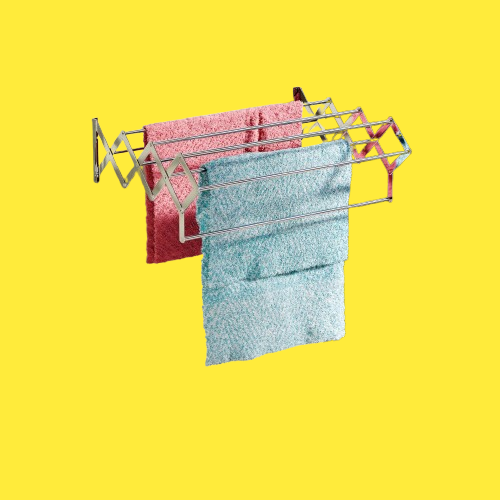 Silver stainless steel wall mounted drying rack for expandable rods, folded against wall in compact Space