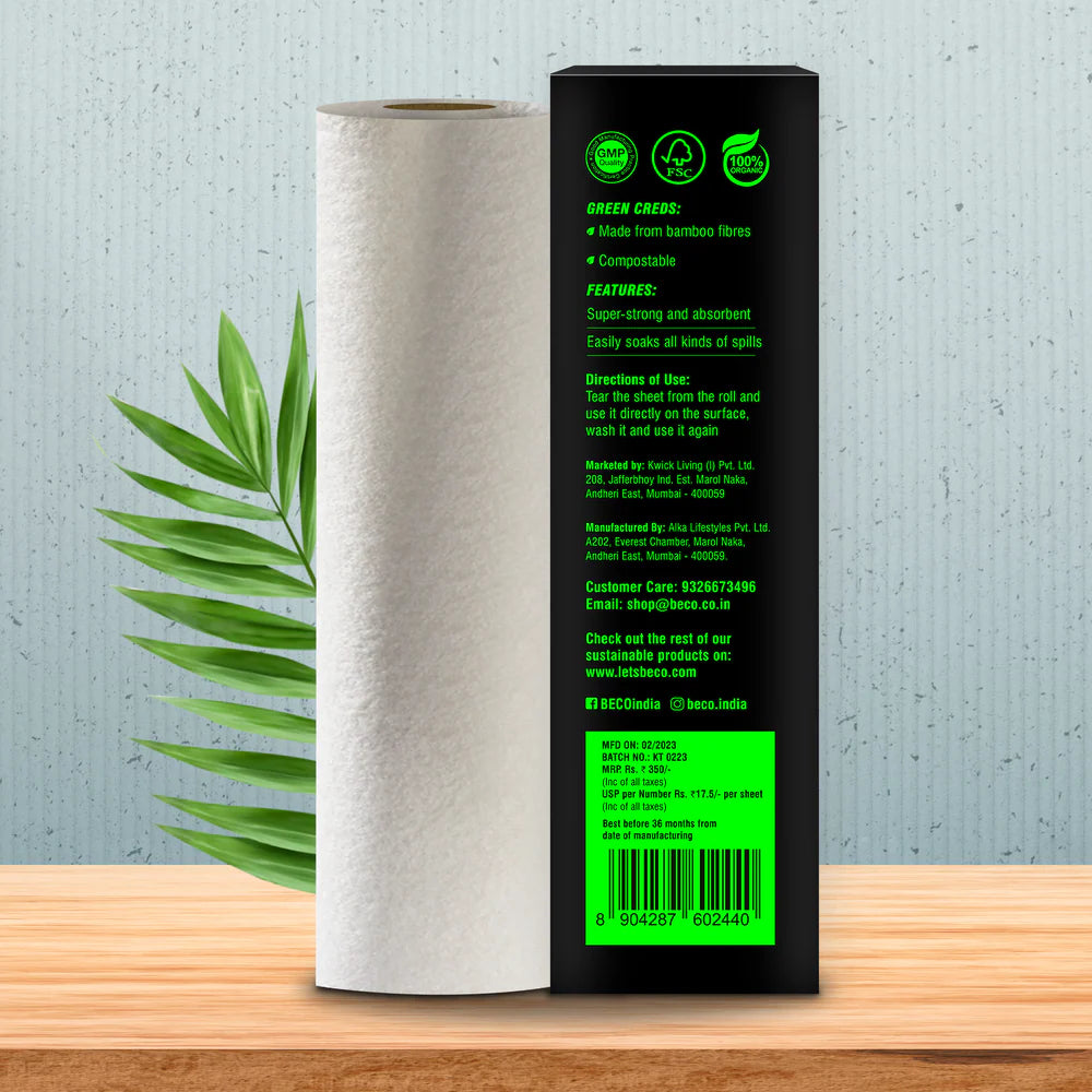 BECO BAMBOO REUSABLE KITCHEN TOWEL ROLL 20 SHEETS FG | pack of 6