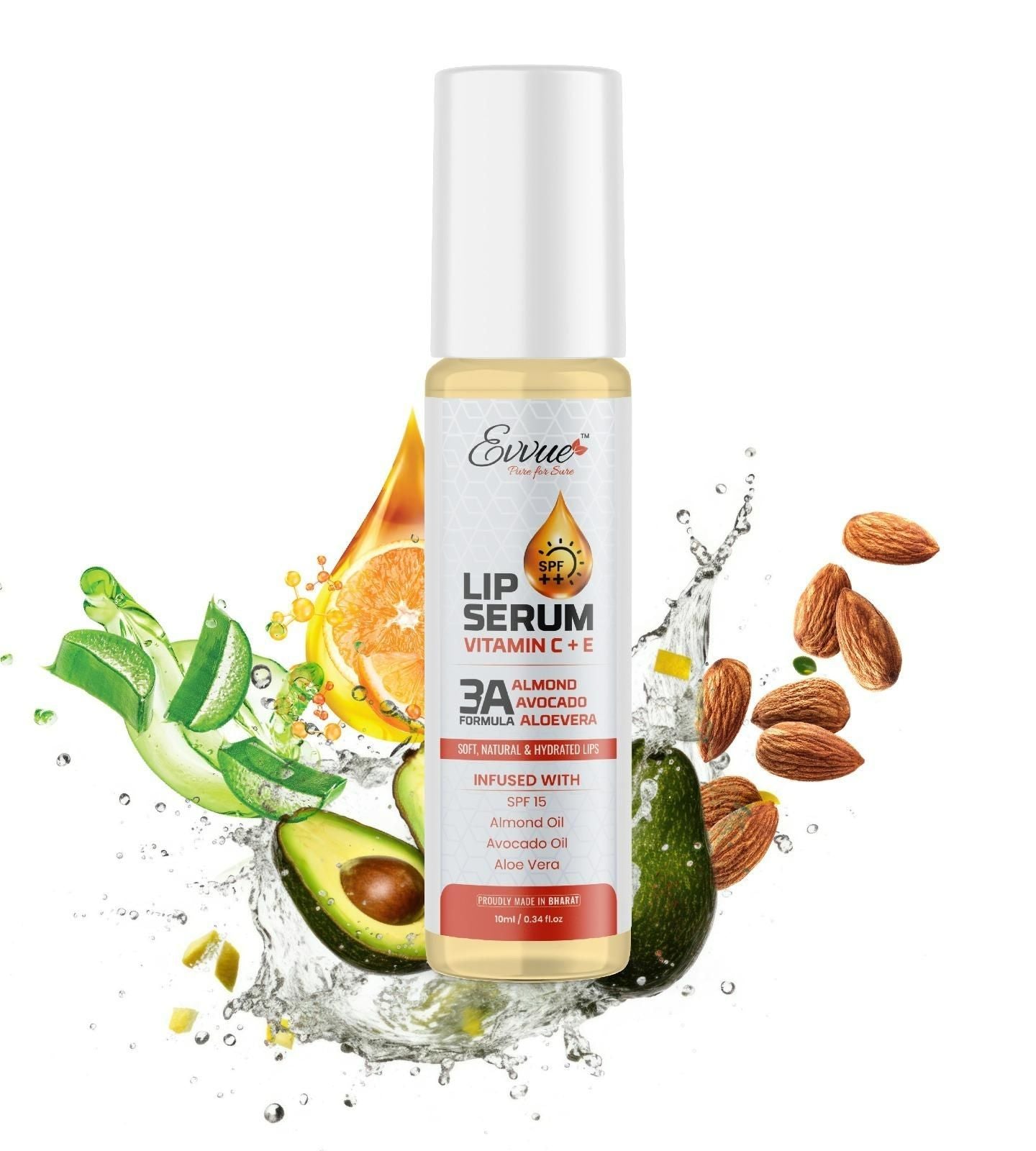 EVVUE Vitamin C + E Lip Serum Oil | Nourishing, Lightening & Plumping Lip Care with Aloe Vera, Almond & Avocado Oil | 10ml