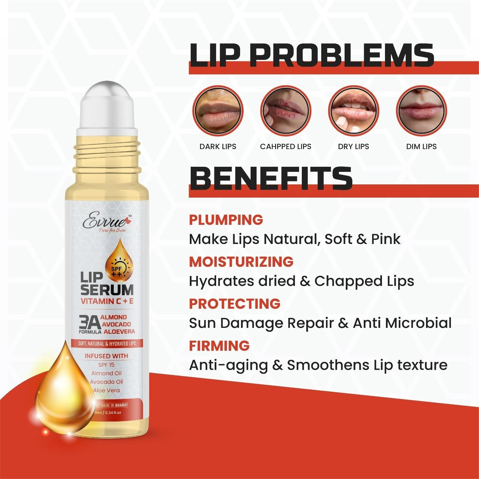 EVVUE Vitamin C + E Lip Serum Oil | Nourishing, Lightening & Plumping Lip Care with Aloe Vera, Almond & Avocado Oil | 10ml
