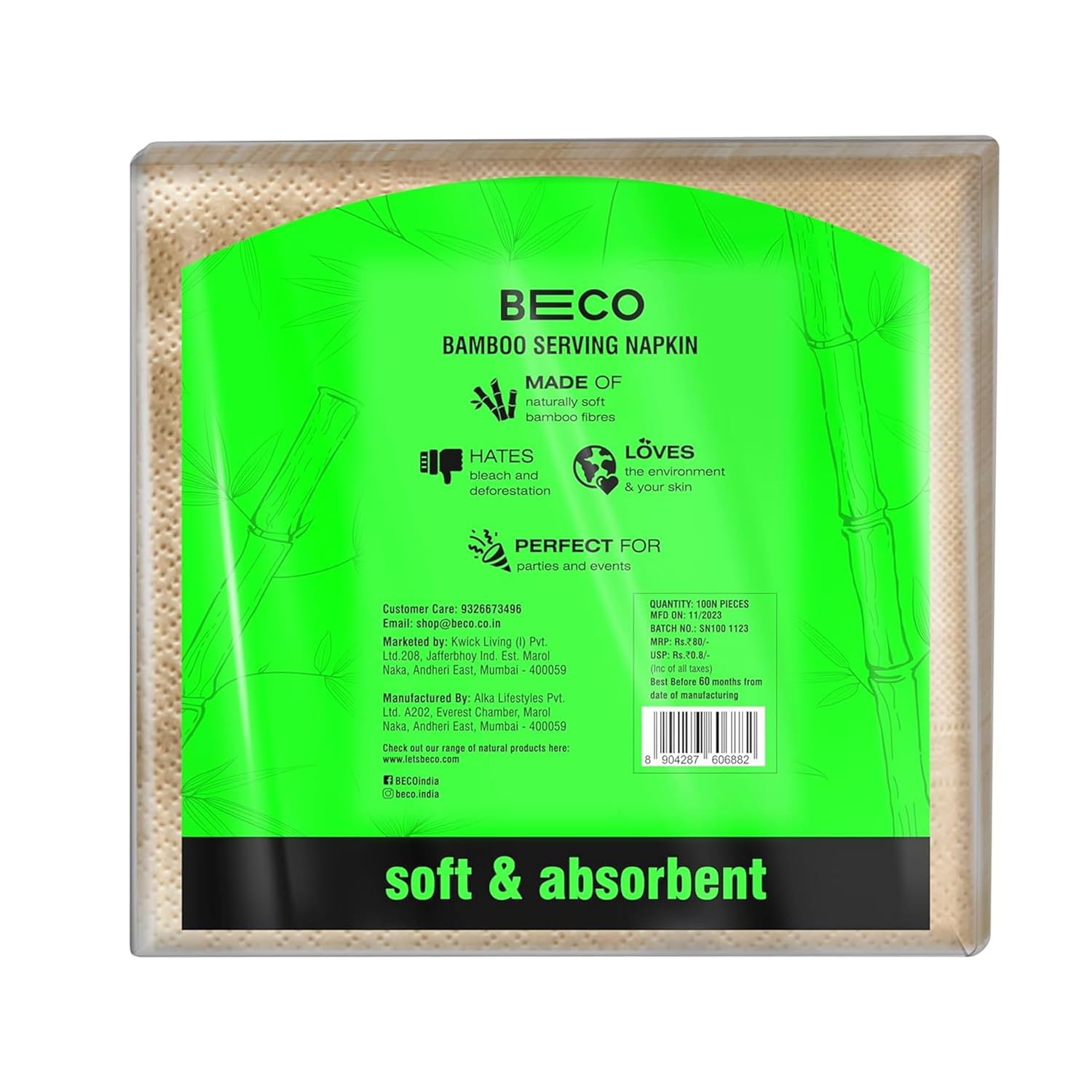 BECO BAMBOO SERVING NAPKIN 1 PLY PKT 100 PULLS FG | pack of 1