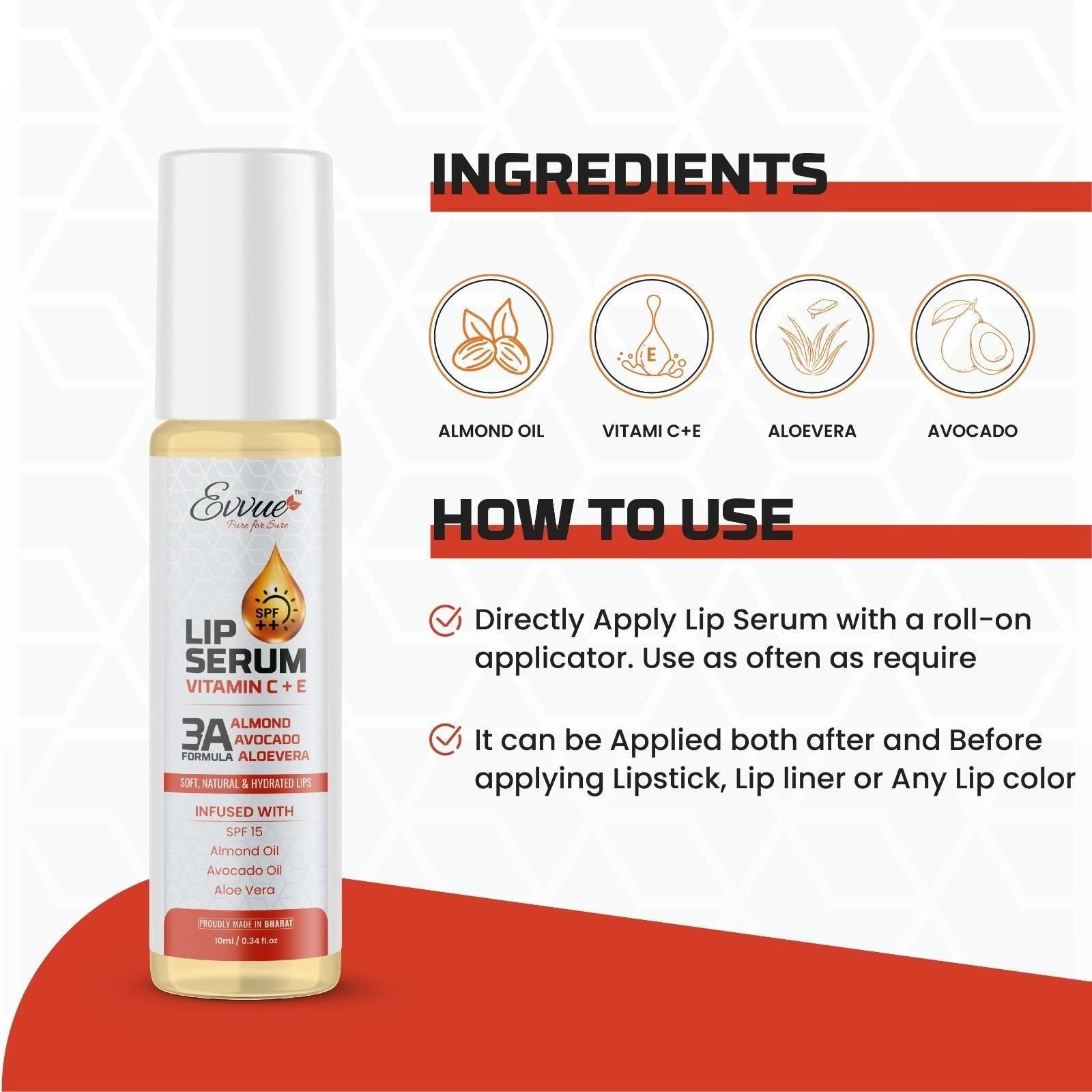 EVVUE Vitamin C + E Lip Serum Oil | Nourishing, Lightening & Plumping Lip Care with Aloe Vera, Almond & Avocado Oil | 10ml