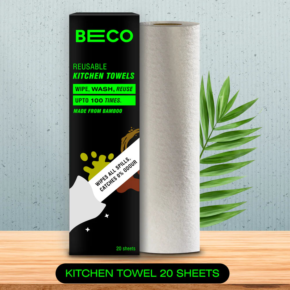 Beco reusable kitchen towel roll with packaging on a wooden surface and light gray background
