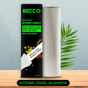 Beco reusable kitchen towel roll with packaging on a wooden surface and light gray background