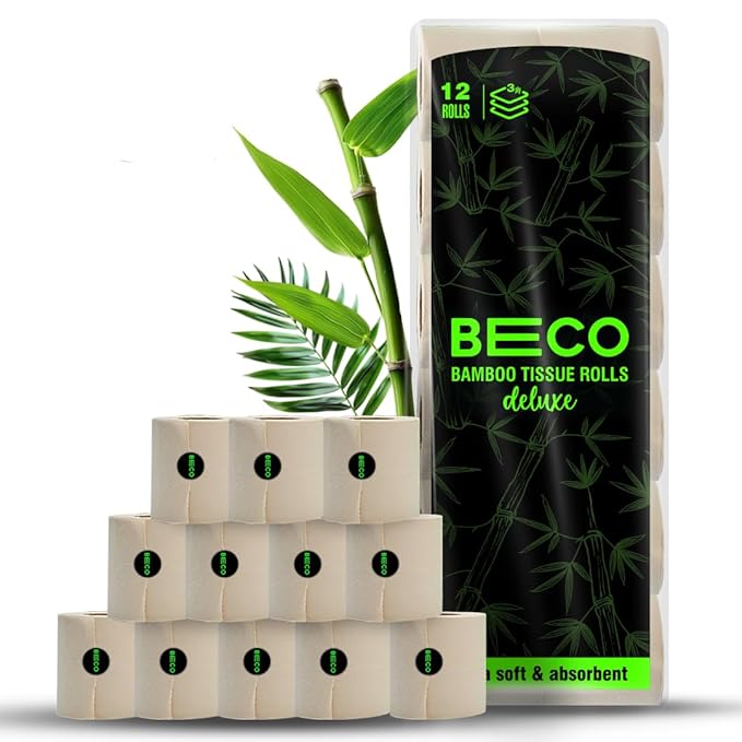 Beco bamboo toilet tissue rolls 3 ply 160 pulls pack of 75 eco-friendly unbleached biodegradable soft natural brown bamboo tissue rolls.