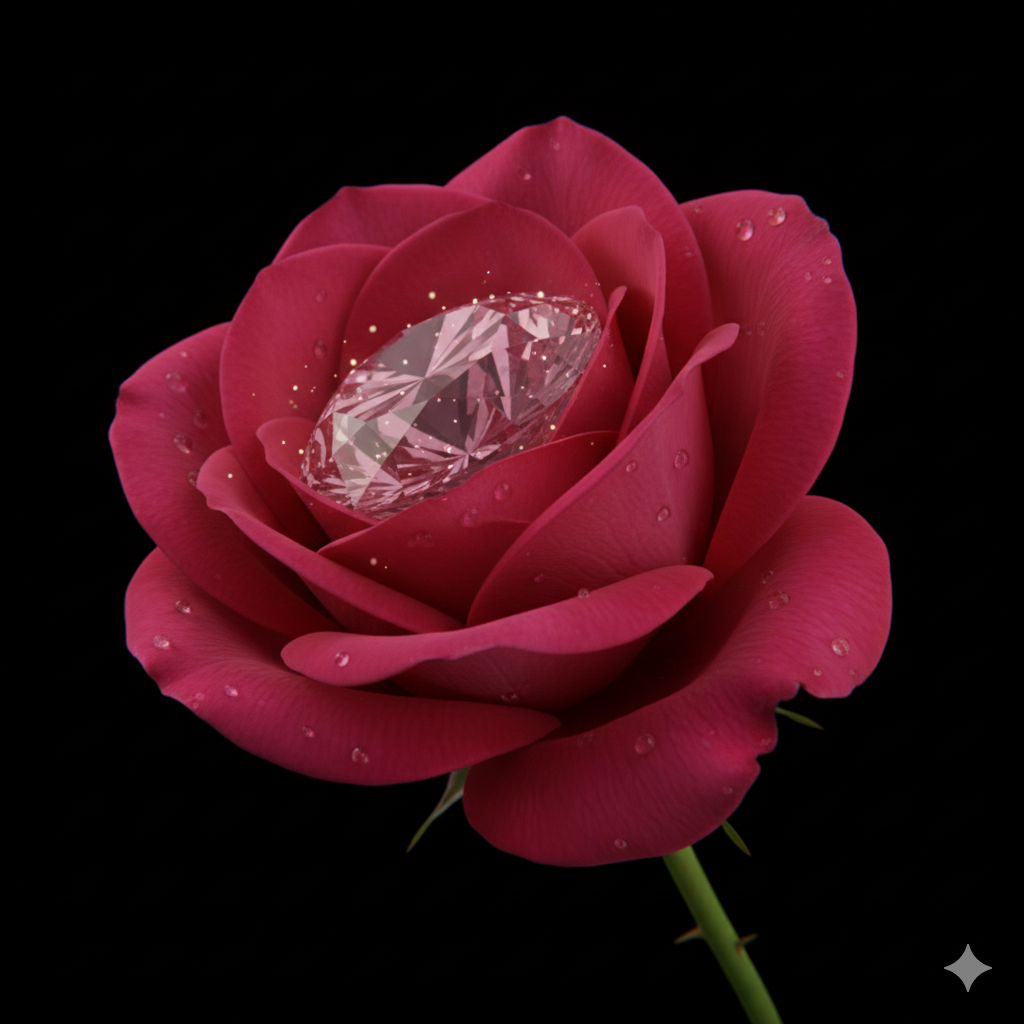 Red rose with a diamond in the center on a black background