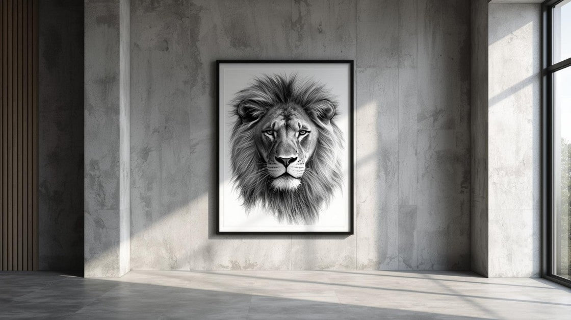 Cinematic lion action scene hand-drawn graphite art