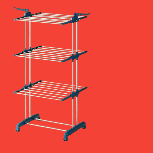 Folding wall mounted clothes hanger rack in teal & silver with 3 layers extended for drying family laundry