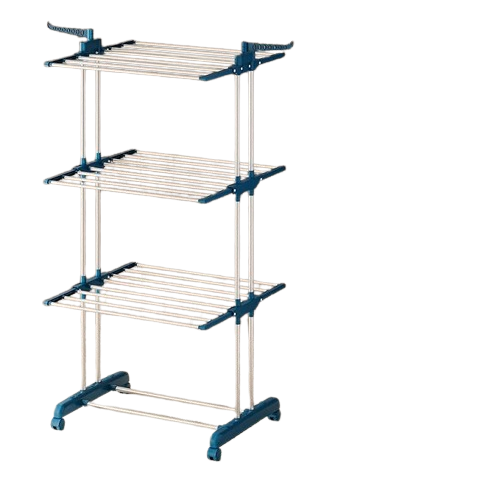 Folding wall mounted clothes hanger rack in teal & silver with 3 layers extended for drying family laundry