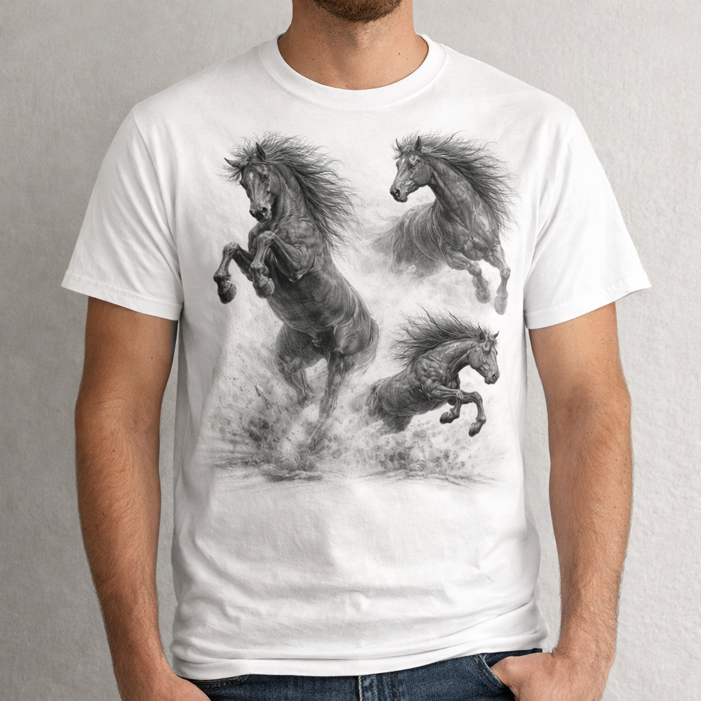 Ultra-detailed graphite pencil drawing of powerful horses running and rearing, black and white fine art sketch with dramatic motion.