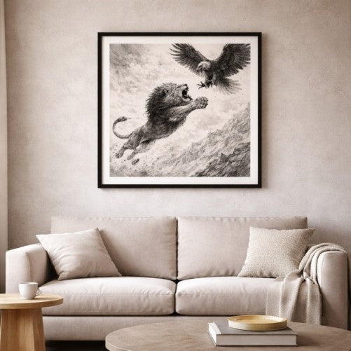 Graphite lion running toward camera with intense expression