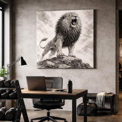 Graphite lion running toward camera with intense expression