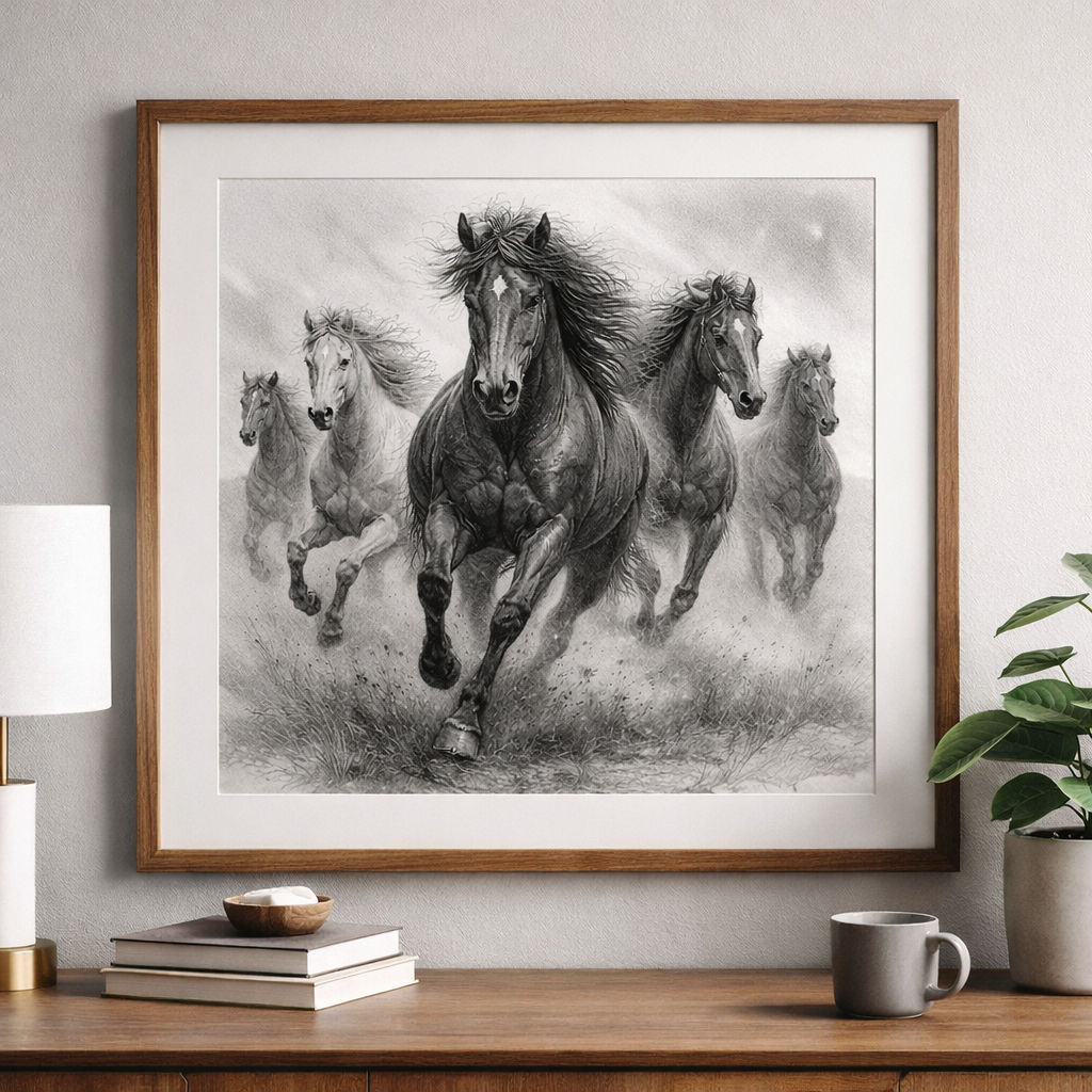 Ultra-detailed graphite pencil drawing of powerful horses running and rearing, black and white fine art sketch with dramatic motion.