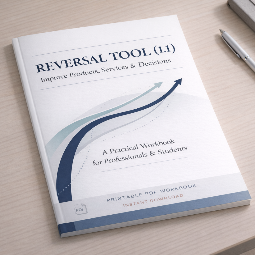 Printed Reversal Tool (1.1) workbook on a minimalist desk, premium educational problem-solving workbook in PDF format.