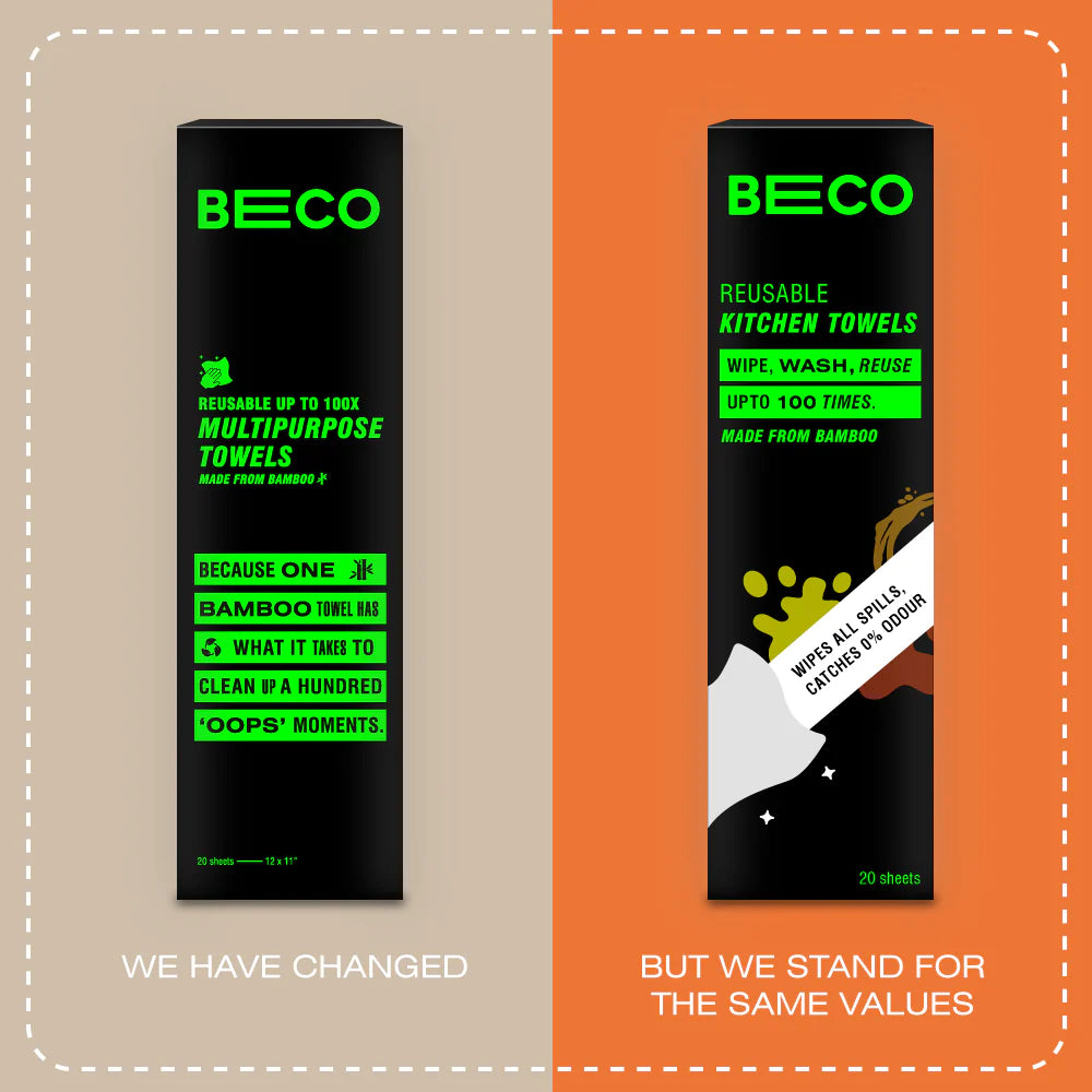 Beco reusable kitchen towel roll with packaging on a wooden surface and light gray background