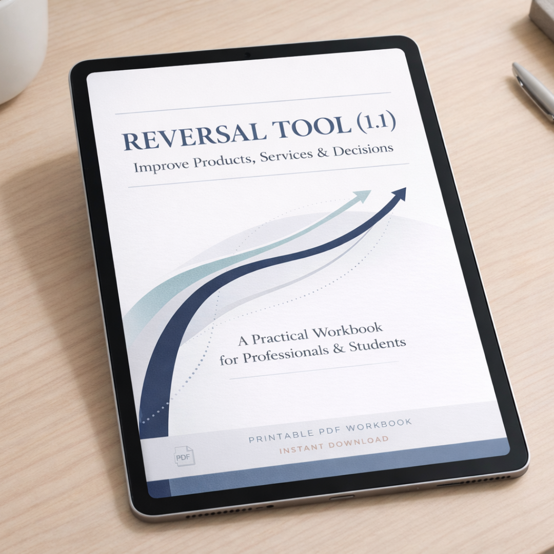 Reversal Tool (1.1) workbook cover showing a professional printable PDF for improving products, services, and decision-making.