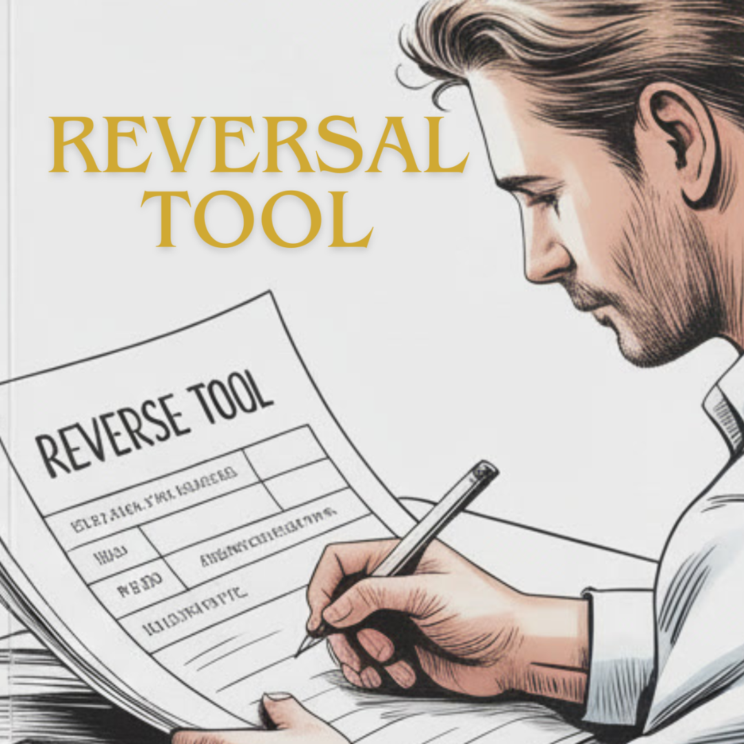 Tablet displaying the Reversal Tool (1.1) workbook PDF on a modern desk, professional problem-solving workbook for business and students.
