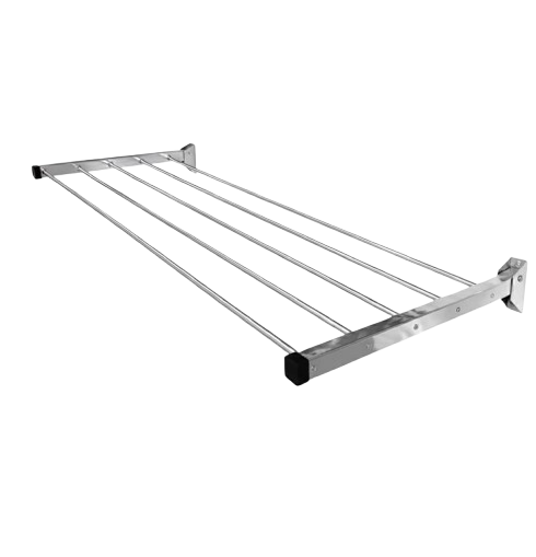 Silver stainless steel folding cloth dryer stand, wall mounted folding drying rack extended with 25 ft space for balcony laundry.