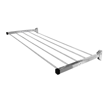 Silver stainless steel folding cloth dryer stand, wall mounted folding drying rack extended with 25 ft space for balcony laundry.