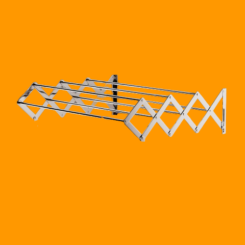 Silver stainless steel wall mounted folding drying rack for balcony with 7 expandable rods, folded against wall in compact laundry space.