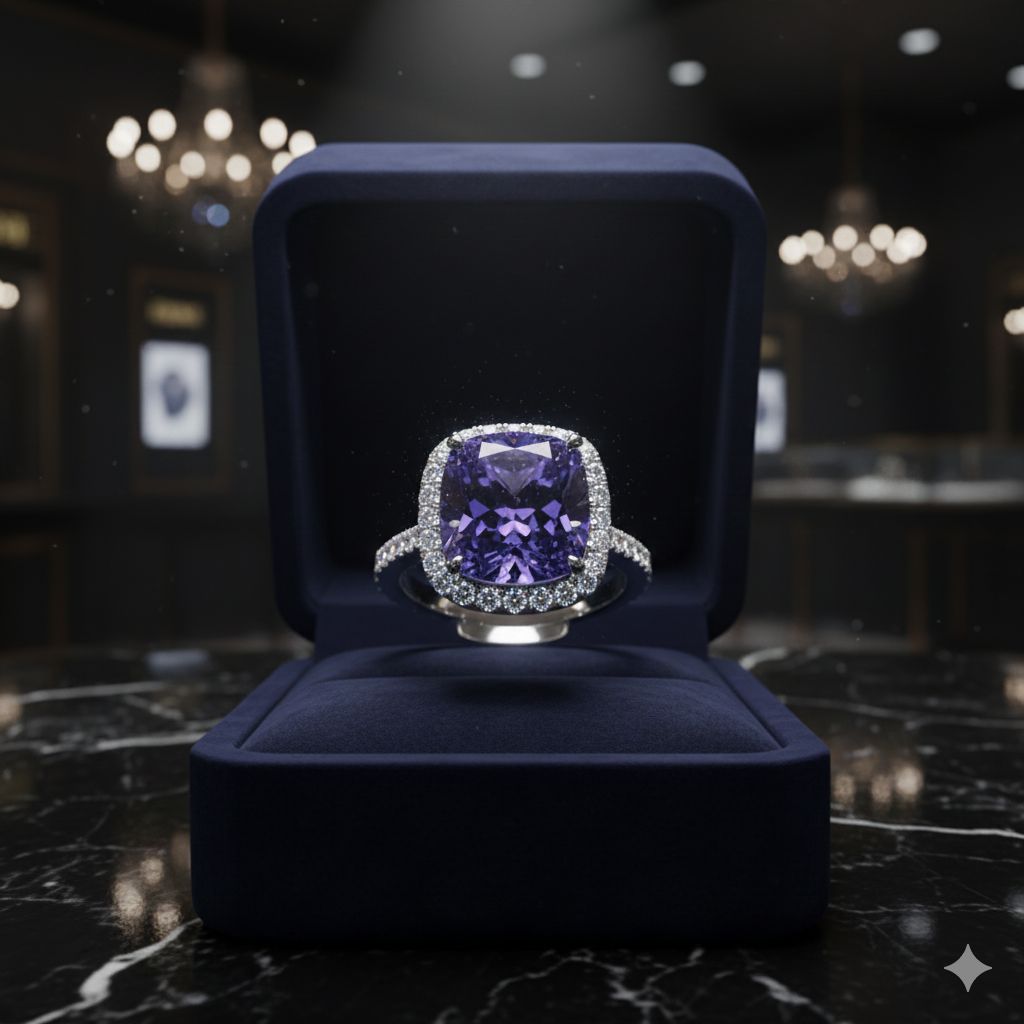 Purple gemstone ring in a blue velvet box on a dark marble surface with chandeliers in the background.