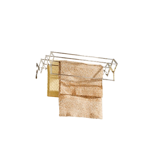 Silver stainless steel wall mounted folding drying rack for balcony with expandable rods, folded against wall in compact laundry space.