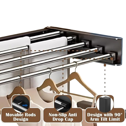 Black alloy steel folding wall mounted clothes hanger rack with 5 rods, folded against wall for balcony drying