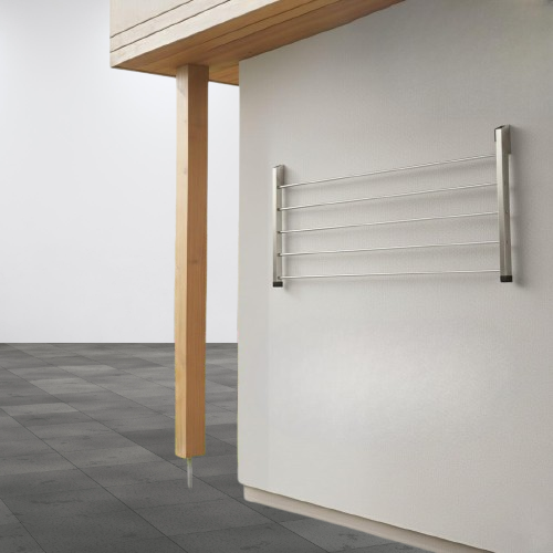 Silver stainless steel folding cloth dryer stand, wall mounted folding drying rack extended with 25 ft space for balcony laundry.