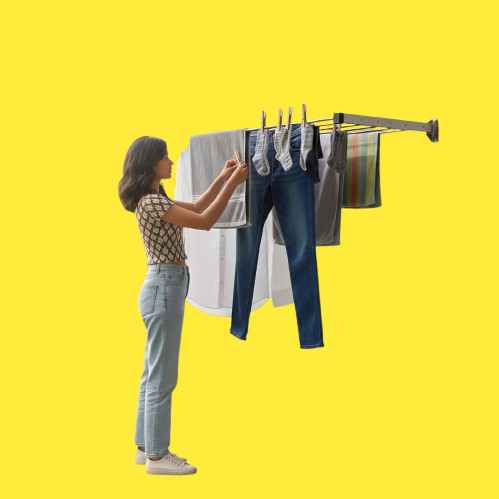 Silver stainless steel folding cloth dryer stand extended, wall mounted folding drying rack for balcony with 25 feet drying space for laundry and towels.