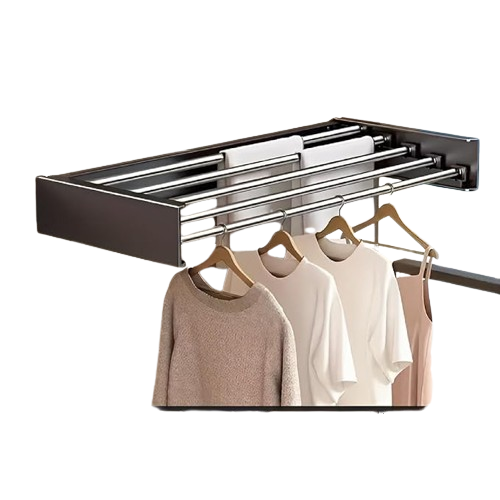 Black alloy steel folding wall mounted clothes hanger rack with 5 rods, folded against wall for balcony drying