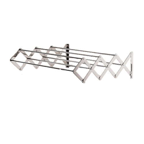 Silver stainless steel wall mounted folding drying rack for balcony with 7 expandable rods, folded against wall in compact laundry space.